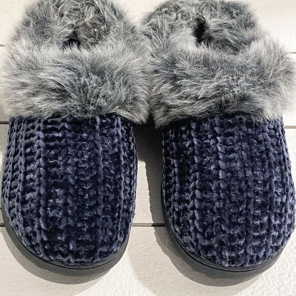 Dearfoam Women’s Faux Fur Chenille Knit Memory Foam Slippers In Navy Peacoat 5/6 - Picture 4 of 8